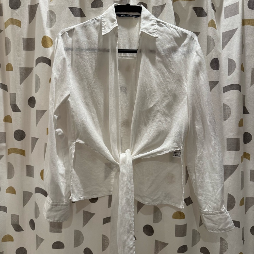 ZARA White Linen Tie Front Blouse